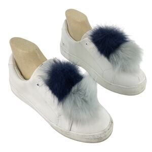 Sam Edelman White/Blue Leather Faux Fur Poof Slip-On Sneakers Women’s Size 9.5